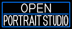 White Open Portrait Studio With Blue Border Neon Sign
