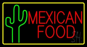 Red Mexican Food With Cactus Logo Neon Sign