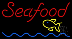 Red Seafood Fish Logo Waves Neon Sign