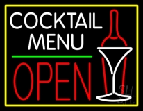 Cocktail Menu With Bottle And Glass Open Neon Sign