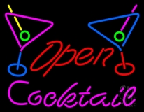 Cocktail With Two Wine Glasses Open Neon Sign
