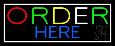 Multicolored Order Here With White Border Neon Sign