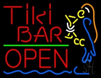 Red Tiki Bar With Parrot Martini Glass Open Neon Sign