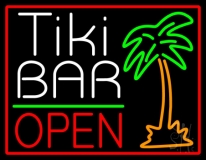 White Tiki Bar With Palm Tree Open Neon Sign