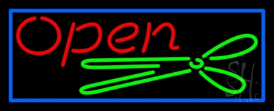 Scissor Open With Blue Border Neon Sign