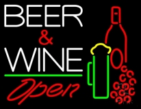 Beer And Wine With Bottle Red Open Neon Sign