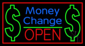 Money Change Dollar Logo Open Red Border Neon Sign