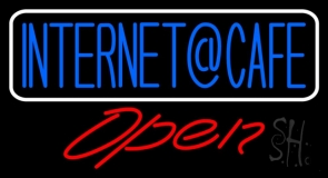 Blue Internet Cafe Open With White Border Neon Sign