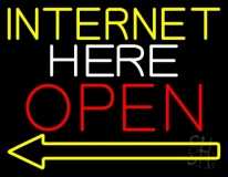 Green Internet Here Open With Arrow Neon Sign