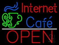 Red Internet Blue Cafe Open With Logo Neon Sign
