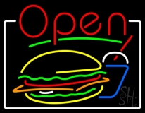 Burger And Drink Open With Border Neon Sign