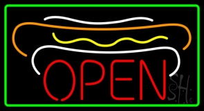 Hot Dogs Open Green Border Neon Sign