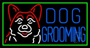 Blue Dog Grooming Green Border Neon Sign