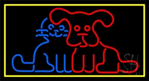 Dog Cat Yellow Border Neon Sign
