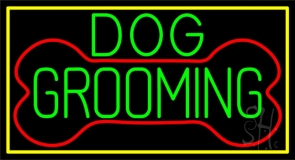 Green Dog Grooming Yellow Border Neon Sign