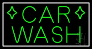 Green Car Wash White Border Neon Sign
