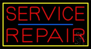 Red Service Repair Blue Line Yellow Border Neon Sign