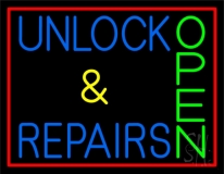 Unlock And Repairs Green Open Red Border Neon Sign