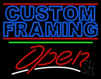 Blue Custom Framing With Lines With Open 3 Neon Sign