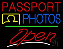 Red Passport Blue Photos With Open 3 Neon Sign
