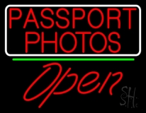 Red Passport Photos With Open 2 Neon Sign
