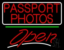 Red Passport Photos With Open 3 Neon Sign