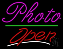 Pink Cursive Photo With Open 3 Neon Sign