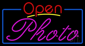 Pink Cursive Photo With Open 4 Neon Sign