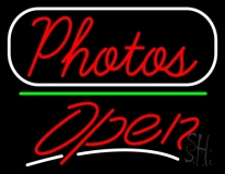 Red Cursive Photos With Open 3 Neon Sign