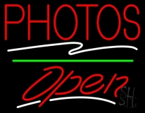 Red Photos Block With Open 3 Neon Sign
