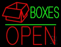 Green Boxes Red Logo With Open 1 Neon Sign
