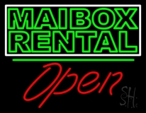 Green Mailbox Rental Block With Open 2 Neon Sign