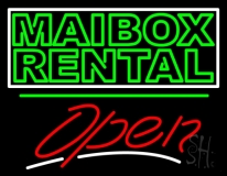 Green Mailbox Rental Block With Open 3 Neon Sign
