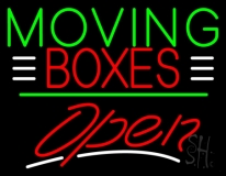 Red Moving Boxes Block Green Line With Open 3 Neon Sign