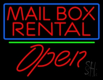 Block Mail Box Rental Blue Border With Open 3 Neon Sign