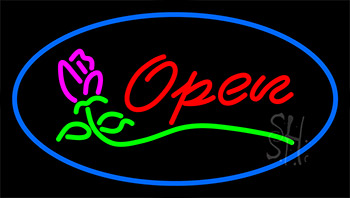 Open Rose Blue Border Neon Sign