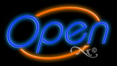 Blue Open With Orange Border Neon Sign