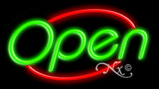 Green Open With Red Border Neon Sign