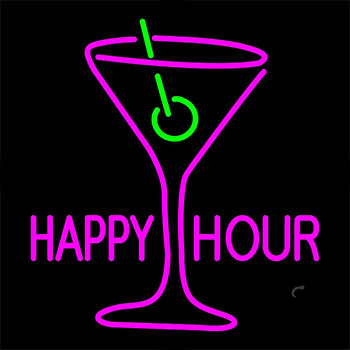 Pink Happy Hour With Wine Glass Neon Sign