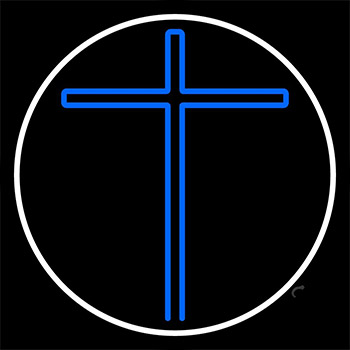 Blue Christian Cross White Border Neon Sign