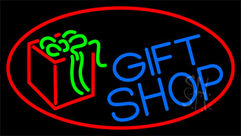 Blue Gift Shop With Red Neon Sign