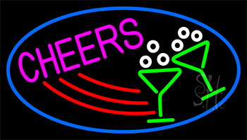 Cheers With Wine Glass With Blue Border Neon Sign