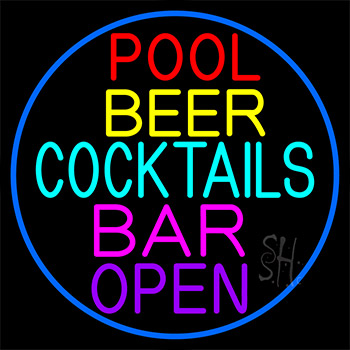 Cocktails Pool Beer Bar Open Neon Sign