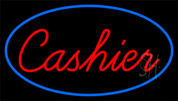 Cursive Red Cashier With Blue Border Neon Sign