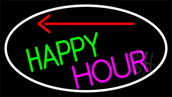Happy Hour And Arrow With White Border Neon Sign