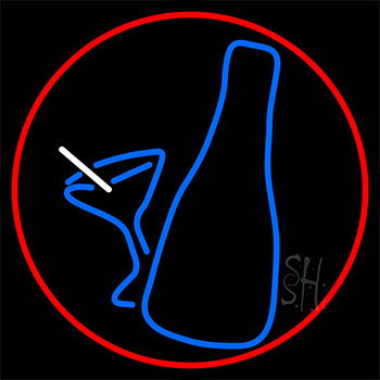 Martini Glass And Bottle With Red Border Neon Sign