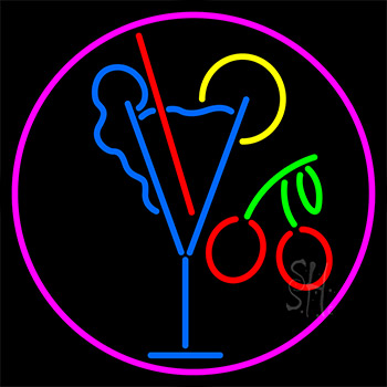Martini Glass And Cherry With Pink Border Neon Sign