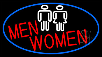 Men And Women Restroom With Blue Border Neon Sign
