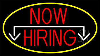 Now Hiring And Arrow With Yellow Border Neon Sign