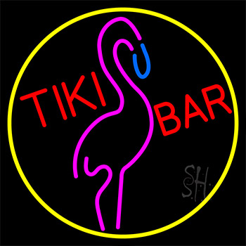 Tiki Bar Flamingo With Yellow Border Neon Sign
